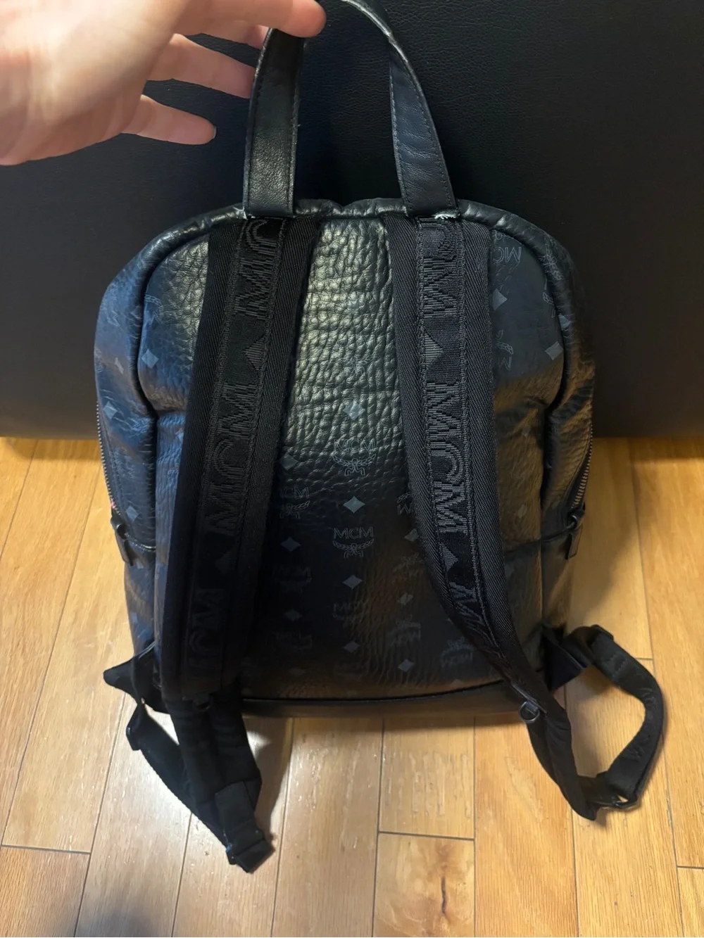 MCM Black Logo-Print Leather Backpack